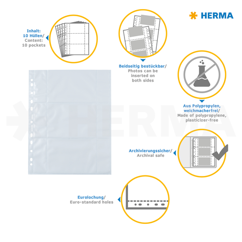 Transparente Sammelhülle mit 10 Taschen, aus Polypropylen, archivierungssicher, beidseitig bestückbar, Eurolochung.
