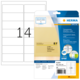 Transparente Etikettenpackung von Herma mit 14 Etiketten pro Blatt, inklusive Anweisungen und Softwarehinweis.