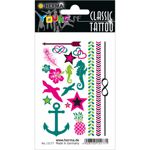 Bunte temporäre Tattoos in verschiedenen Designs, darunter Anker, Sterne, Seepferdchen, Blumen und geometrische Muster.