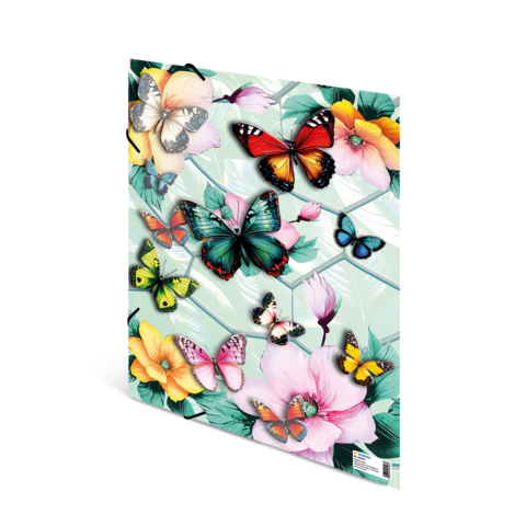 Vrolijke vlinders in verschillende kleuren en patronen, omringd door bloemen op een lichte achtergrond.