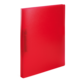Roter Ordner mit glatter Oberfläche und weißem Rücken, auf einem weißen Untergrund stehend.