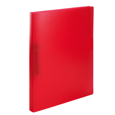 Roter Ordner mit glatter Oberfläche und weißem Rücken, auf einem weißen Untergrund stehend.