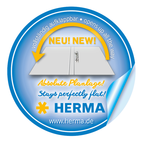 Runder Aufkleber mit dem Text "NEU! Vollständig aufklappbar" und "Absolute Planlage!" sowie dem Logo von Herma und der Website-Adresse.