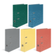 Fünf Ordner in verschiedenen Farben (grün, blau, grau, gelb, rot) mit einem dekorativen Muster und zwei Hebelmechanismen.