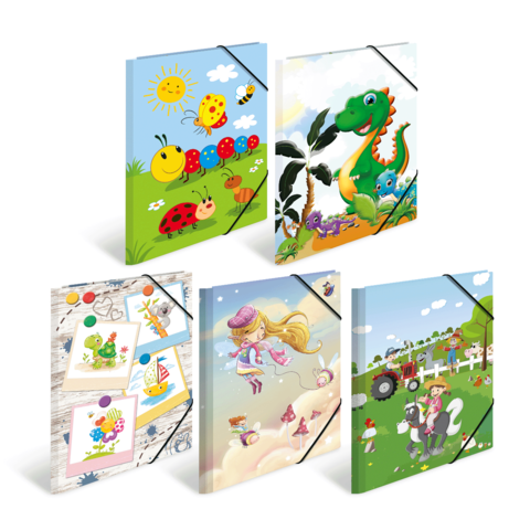 Bunte Kinderhefte mit verschiedenen Illustrationen, darunter Tiere, Pflanzen und fantasievolle Szenen.