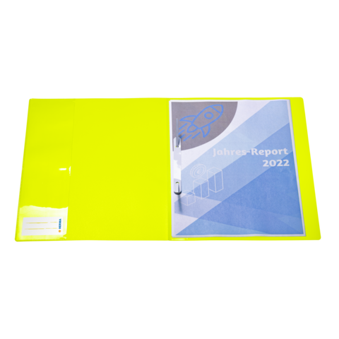 Helle, gelbe Mappe mit einem Jahresbericht 2022 auf dem Cover, das ein grafisches Design zeigt.