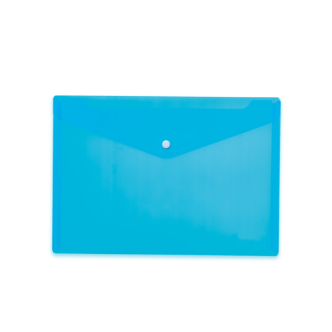 Blauer, transparenter Ordner mit einer Klappe und einem Druckknopfverschluss. Ideal für die Aufbewahrung von Dokumenten.
