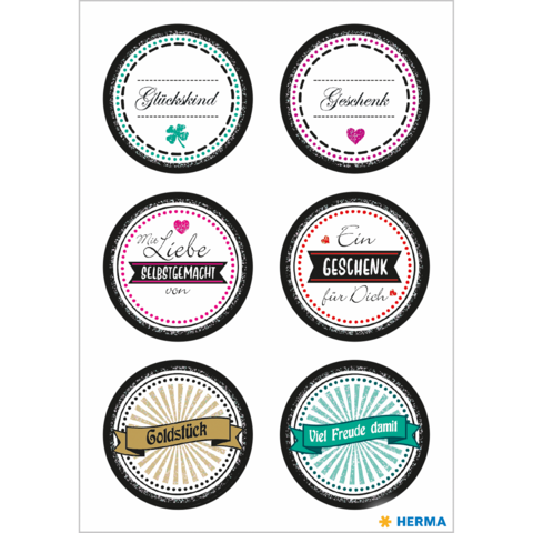Sechs runde Aufkleber mit verschiedenen Texten: "Glückskind", "Geschenk", "Meine Liebe selbstgemacht", "Ein Geschenk für Dich", "Goldstück", "Viel Freude damit".