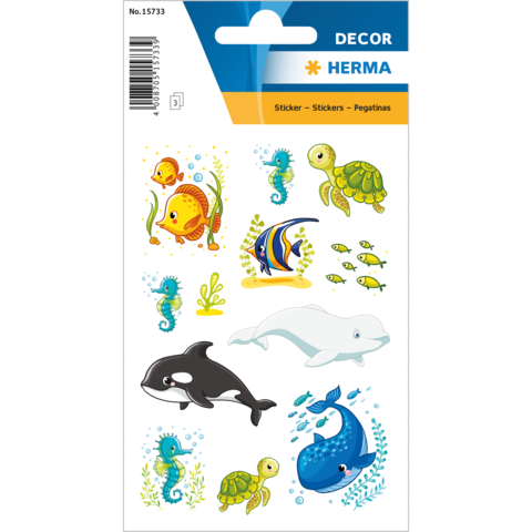 Bunte Meerestier-Sticker, darunter Fische, Schildkröten, Wale und Seepferdchen, auf einem dekorativen Hintergrund.
