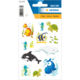 Bunte Meerestier-Sticker, darunter Fische, Schildkröten, Wale und Seepferdchen, auf einem dekorativen Hintergrund.