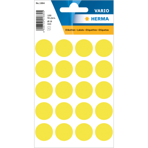 Gelbe runde Etiketten auf einem Blisterpack, insgesamt 100 Stück, Durchmesser 19 mm.