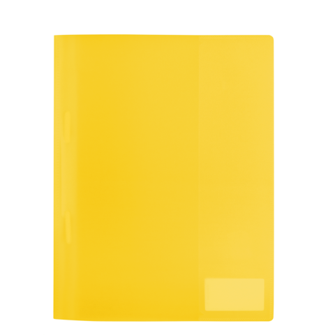Gelbe Kunststoffmappe, glänzend und ohne sichtbare Beschriftung, in aufrechter Position.