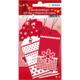 Geschenkanhänger in Rot und Weiß mit verschiedenen Mustern, darunter Schneeflocken und "Merry Christmas"-Schriftzug.