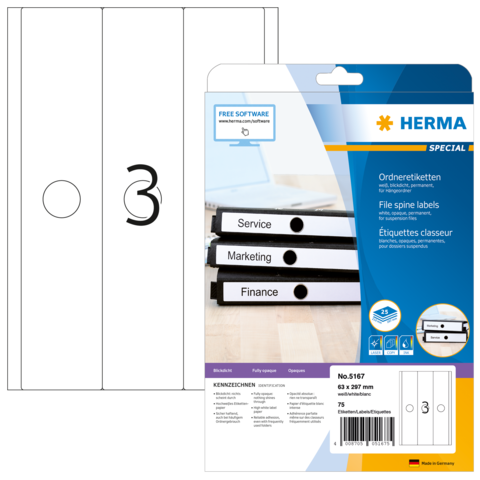 Ordneretiketten von Herma, 75 Stück, für die Beschriftung von Aktenordnern, mit Beispielen für die Beschriftung "Service", "Marketing" und "Finance".