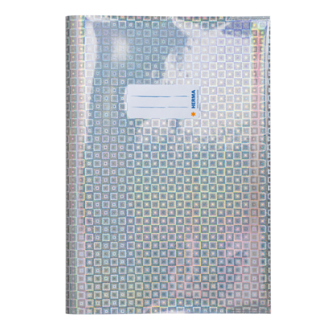 Transparente Mappe mit einem bunten, geometrischen Muster und einem weißen Etikett in der oberen linken Ecke.