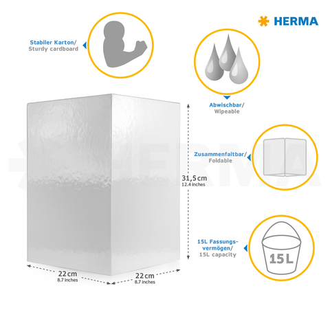 Stabiler Kartonbehälter mit einer Höhe von 31,5 cm, einer Breite von 22 cm und einem Fassungsvermögen von 15 Litern. Abwaschbar und faltbar.