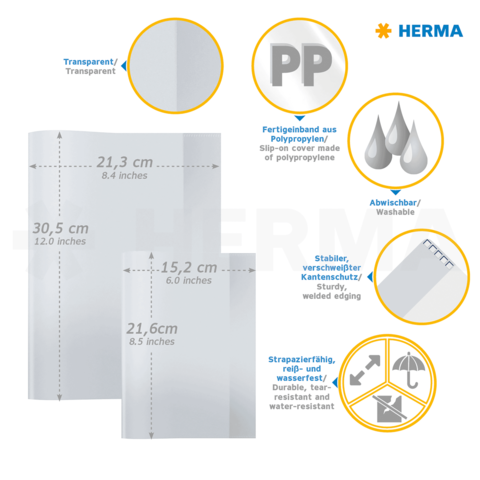 Transparente Hülle aus Polypropylen mit abwischbarem Material, stabilen Kanten und verschiedenen Größenangaben.