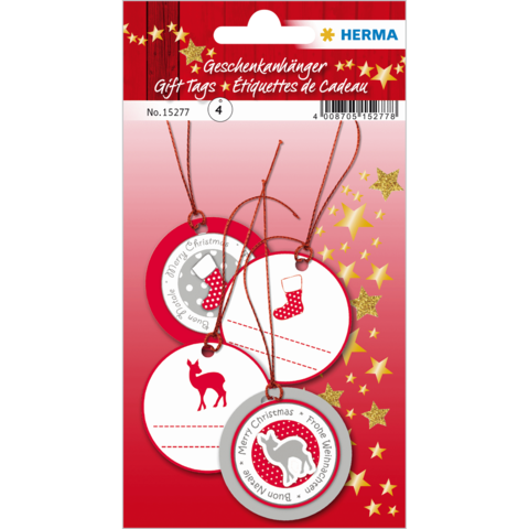 Geschenkanhänger in rot und weiß mit Weihnachtsmotiven, darunter ein Stiefel und ein Rentier, auf einer Karte präsentiert.