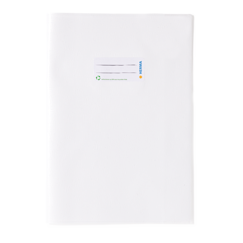 Ein weißes Notizbuch mit einem Aufkleber auf der Vorderseite, der das Logo einer Marke zeigt.