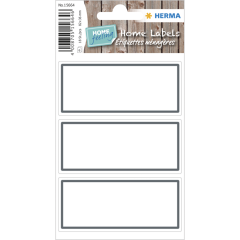 Aufkleber mit drei leeren Etiketten in grauen Rahmen, verpackt unter der Marke "Home Feeling" von Herma.
