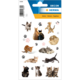 Kattenstickers in verschillende poses en kleuren, inclusief kittens en volwassen katten, op een decoratieve achtergrond.