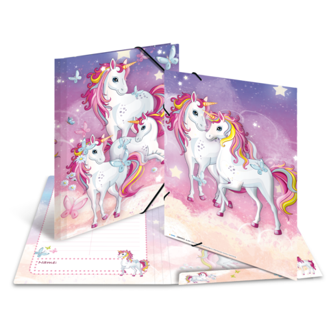Zwei Einhörner mit bunten Mähnen auf einem Notizbuch mit einem rosa und lila Hintergrund, verziert mit Schmetterlingen und Sternen.