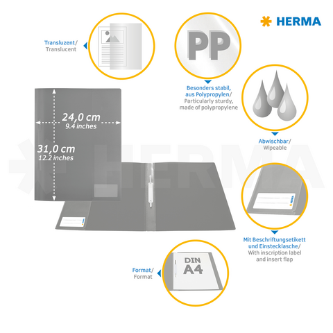 Transparente, stabile Ordnermappe aus Polypropylen, DIN A4, mit beschriftbarem Einschub und abwischbarer Oberfläche. Maße: 24 cm x 31 cm.