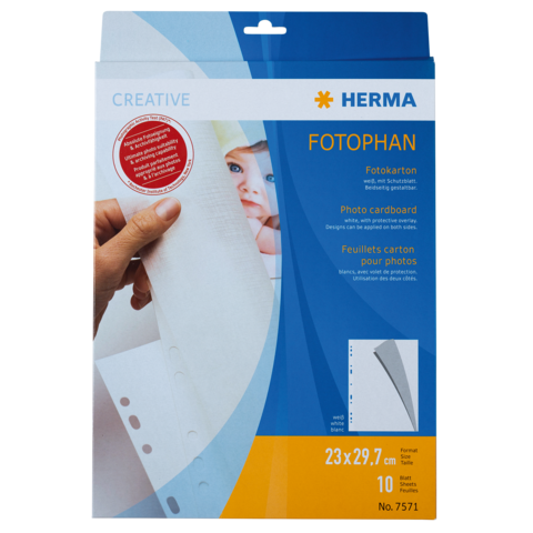 Fotokarton-Packung von Herma, enthält 10 Blätter in der Größe 23 x 29,7 cm, geeignet für Fotoprojekte und kreative Anwendungen.
