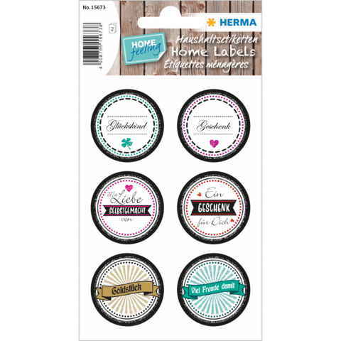 Sechs runde Etiketten mit verschiedenen Aufschriften wie "Glückshand", "Geschenk", "Liebe selbstgemacht" und "Goldstück".