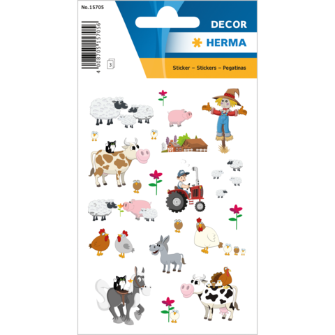 Bunte Aufkleber mit Tieren wie Kühen, Schafen, Hühnern und einem Traktor, sowie einem Bauern und Blumenmotiven.