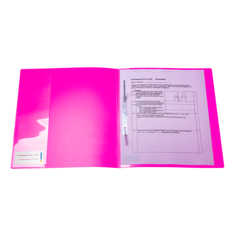 Ein pinker Ordner mit einem Dokument und einem Stift. Das Dokument enthält Informationen und eine Grafik.