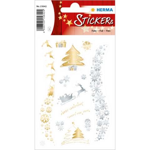 Weihnachtliche Aufkleber mit goldenen und silbernen Motiven, darunter Geschenke, Weihnachtsbäume, Schneeflocken und Rentiere.