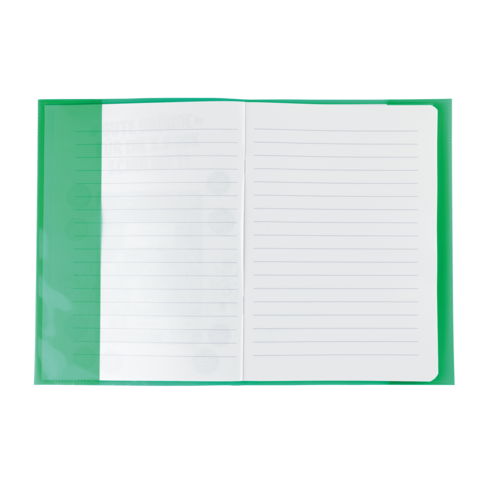Ein offenes Notizbuch mit linierten Seiten in einem grünen Umschlag.