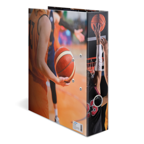 Ein Ordner mit Basketballmotiven, einschließlich Spieler, die einen Ball halten und einen Korb werfen.