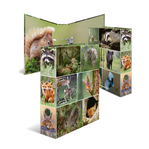 Ein aufklappbarer Bildschirm mit verschiedenen Tiermotiven, darunter ein Eichhörnchen, Waschbären, Rehe, Füchse, Kaninchen und Vögel.