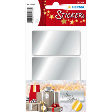 Silberne Aufkleber auf einer Karte, geeignet für Geschenke oder Dekoration, mit dem Schriftzug "Stickers" und weihnachtlichen Motiven.