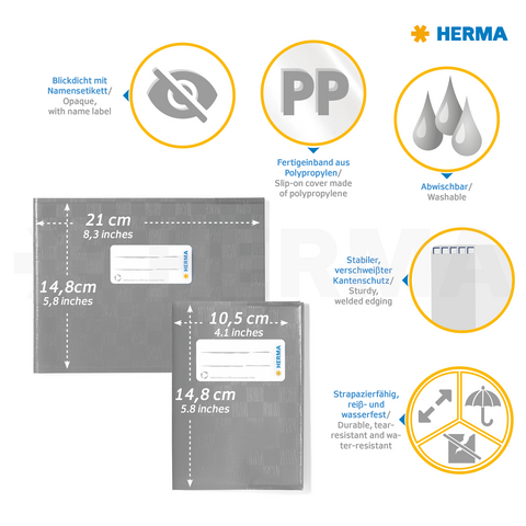 Hoogwaardige polypropyleen hoezen met afwasbaar ontwerp, stevige randen en naamlabel. Afmetingen: 21 x 14,8 cm en 10,5 x 14,8 cm.