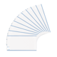 Gestapelte, leere Blätter Papier mit blauen Rändern, angeordnet in einer fächerartigen Formation.