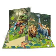 Bunte Dinosaurier-Illustrationen auf einem Ordner, umgeben von Pflanzen und Schmetterlingen in einer tropischen Umgebung.