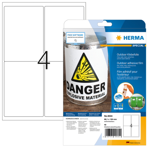 Aufkleber mit Warnsymbol für explosive Materialien, verpackt in einer transparenten Hülle. Enthält Informationen zur Verwendung und Größe.