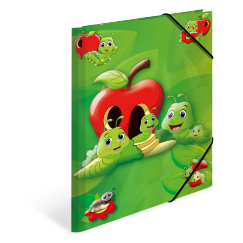 Bunte Schultasche mit cartoonhaften Raupen und einem roten Apfel, umgeben von grünem Hintergrund und weiteren kleinen Insekten.