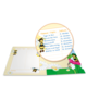 Ein Notizbuch mit einem bunten Deckblatt, das Bienen und Blumen zeigt. Auf einer Seite sind Themen und Daten aufgelistet.