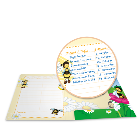 Ein Notizbuch mit einem bunten Deckblatt, das Bienen und Blumen zeigt. Auf einer Seite sind Themen und Daten aufgelistet.