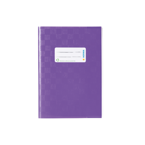 Lila Mappe mit einem weißen Etikett auf der Vorderseite, das Platz für eine Beschriftung bietet.