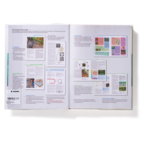 Zwei offene Buchseiten mit Text und Grafiken zu verschiedenen Themen, darunter Natur und Wissenschaft. Enthält Diagramme und Illustrationen.