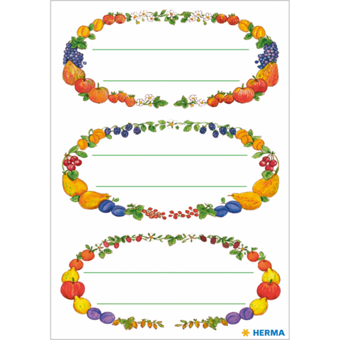 Bunte Etiketten mit Obst- und Gemüseillustrationen, drei Rahmen mit Platz für Text in der Mitte.