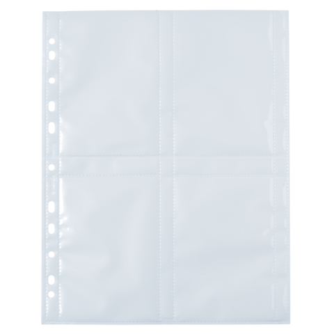 Leere, transparente Kunststoffhülle mit vier Fächern und Lochung für Ordner. Ideal zur Aufbewahrung von Dokumenten oder Bildern.