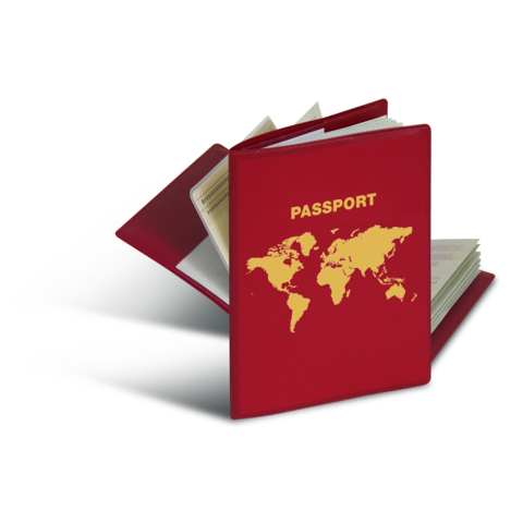 Ein roter Reisepass mit goldener Aufschrift "PASSPORT" und einer Weltkarte auf der Vorderseite, teilweise geöffnet.