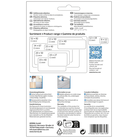Produktverpackung mit verschiedenen Etikettengrößen und Anwendungshinweisen. QR-Code und Kontaktinformationen für HERMA GmbH sind ebenfalls vorhanden.