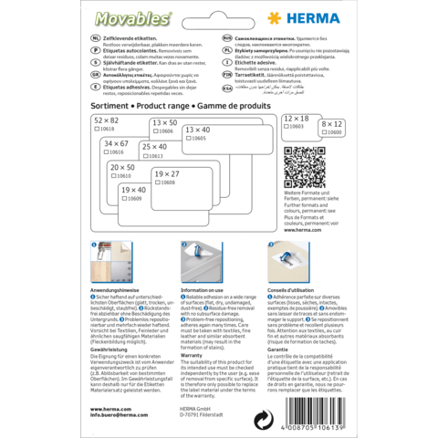Produktinformationen für Herma Movables Etiketten, einschließlich Größen und Anwendungshinweisen. QR-Code für weitere Informationen.